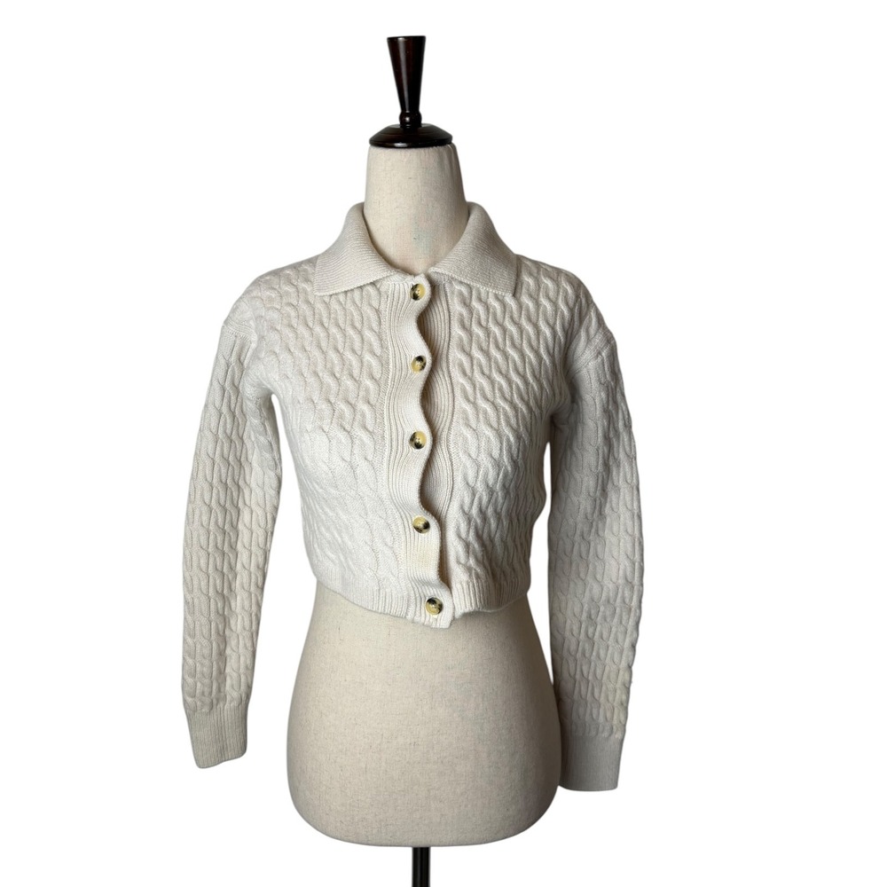 Wilfred Cable Knit Cardigan Women XS Ivory Merino Wool Cropped Collared‎ Sweater